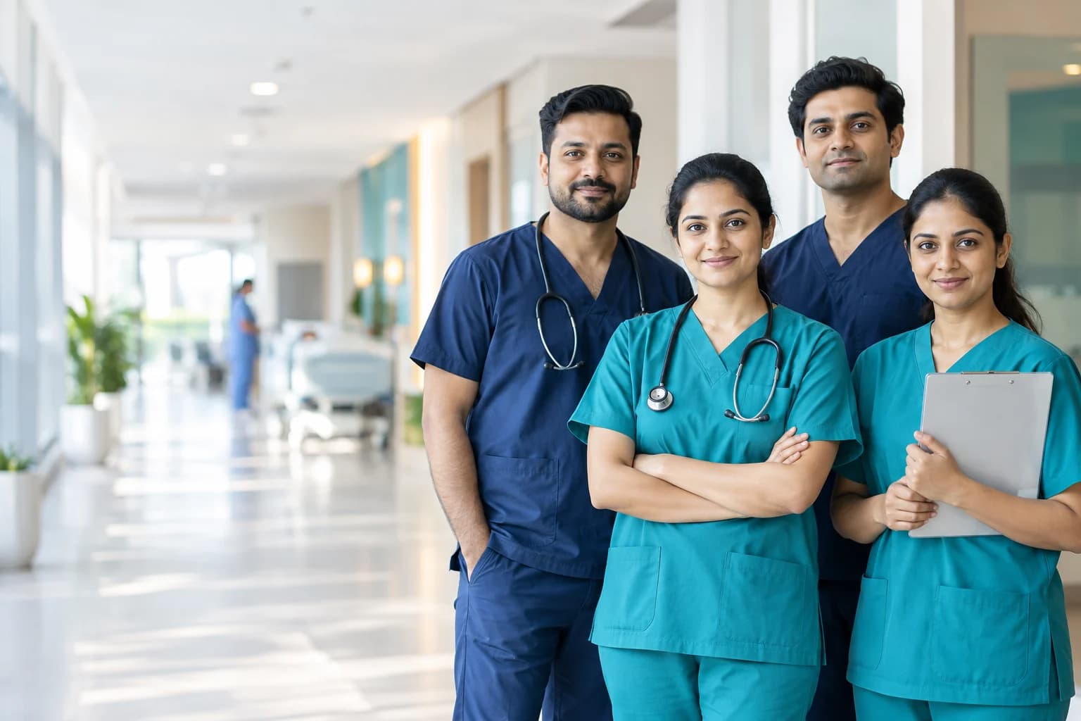 Indian nursing professionals working together in a modern healthcare facility