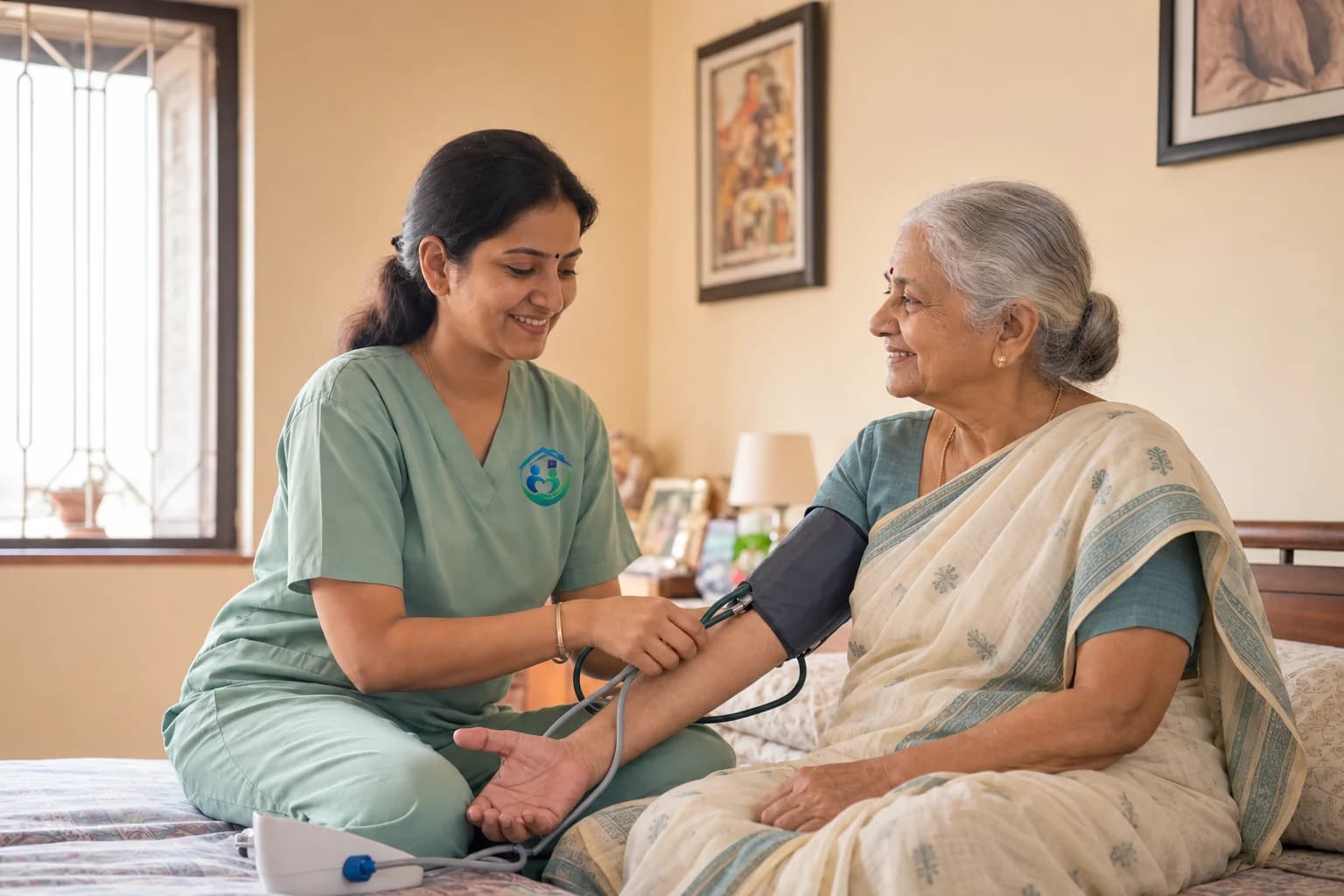 A female home-care nurse checking an elderly woman's blood pressure at home
